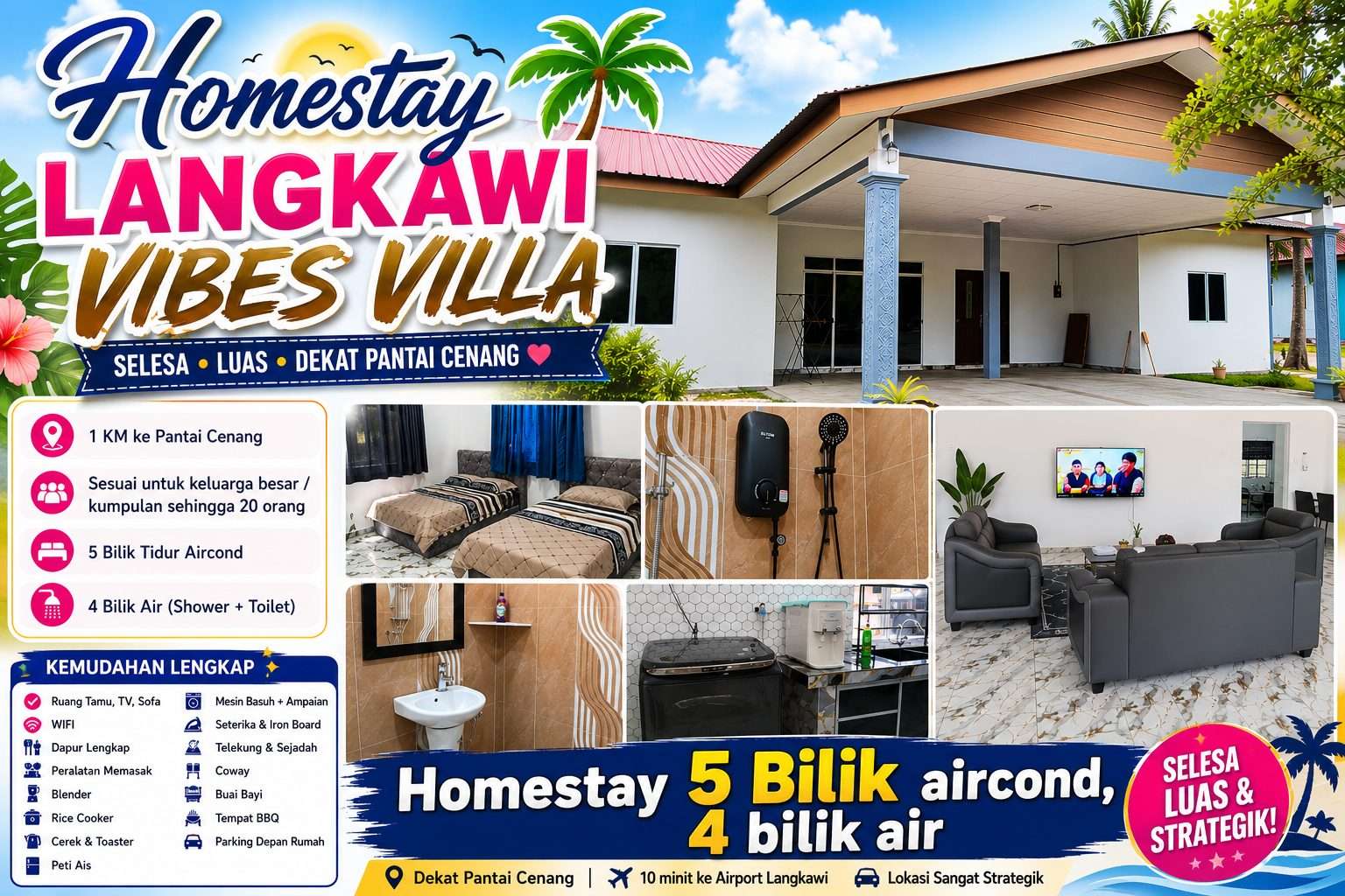 Read more about the article Homestay Langkawi 5 Bilik Aircond Dekat Pantai Cenang untuk Keluarga Besar